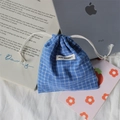 Blue and white plaid drawstring storage bag for cosmetics and small accessories - Blue Plaid