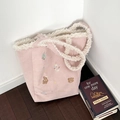 Pink plush tote bag with winter embroidery and white faux shearling trim - Two Straps Shoulder / Beige Plush