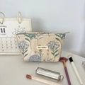 Dettaglio della trousse in jacquard floreale con motivi di ortensie blu e etichetta logo - Borsa Trucco Tarassaco Blu Media