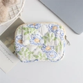 Close-up of quilted floral organizer bag showing blue flower patterns and snap button detail - Blue Flower