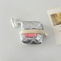 Detail of silver quilted PU earphone case with pearl pendant and pink hi! rabbit label - Silver Rhombic Pattern