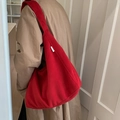 Large red fleece hobo shoulder bag with minimalist design for autumn winter style - Red