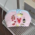 Detail of pink nylon pouch with cute fruit embroidery and blue bear-shaped zippers - Crawfish (Pink)
