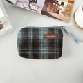 Detailed view of checkered canvas coin purse with brand logo and blue rope zipper pull - Woolen Blue Large Plaid