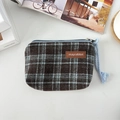 Detail of vintage plaid coin purse with textured canvas fabric and durable blue zipper - Woolen Blue Small Plaid