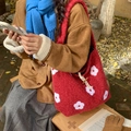 Red plush tote bag with white floral embroidery and wooden horn button closure - Red
