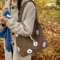 Brown plush shoulder bag with white floral embroidery and wooden horn button - Brown