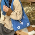 Blue plush tote bag with white flower embroidery for winter outfits - Royal Blue