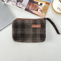 Detail of vintage plaid coin purse with leather tag on office desk lifestyle scene - Woolen Khaki Brown Plaid