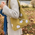 Mustard yellow crochet floral shoulder bag with wool embroidery and wooden bead toggle - Mustard Yellow