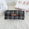 Detail of vintage plaid wool pencil case with premium leather logo tag and zip closure - Woolen Blue Small Plaid