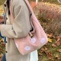Pink plush shoulder bag with white floral embroidery and drawstring closure - Pink