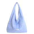 Borsa tote celeste in pile con ricamo a forma di uccello e consistenza morbida - Azzurro