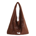 Borsa tote in pile marrone scuro con ricamo a uccello bianco e morbida trama - Marrone