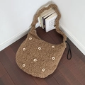 Detail of plush brown tote bag with white flower decor and soft faux fur texture - Drawstring 3D Flower-Brown