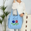 Close-up of light blue tote bag featuring embroidered tulips and floral patchwork details - Double Color Flower Double Layer Shoulder / Blue