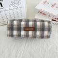 Grey checkered wool pencil case with soft plaid fabric and brown leather brand label - Woolen Light Gray Beige Plaid