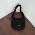 Black plush shoulder bag with brown leather patch and adjustable strap for women - Drawstring-Black Shimmer