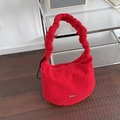 Vibrant red plush hobo shoulder bag featuring a drawstring and gold-tone logo plaque - Drawstring-Red Shimmer