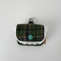 Detail of plaid tweed earphone case with lace trim and secure metal carabiner clip - Woolen Green Plaid