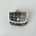 Detail of blue plaid fabric earphone case with white lace trim and silver D-ring clip - Woolen Blue Plaid