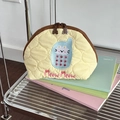 Pale yellow quilted makeup bag with cat embroidery and cute bear double zippers - Telephone