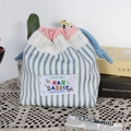 Detail of cute striped drawstring pouch with pink lace trim and rabbit graphic decoration - Blue Purple Stripe