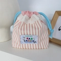 Detailed view of pink striped drawstring bag with white lace trim and blue cords - Pink White Stripes