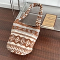 Fuzzy plush bucket bag with geometric diamond pattern in caramel and cream colors - Ethnic Beige Brown Plush Style