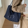 Dunkelblaue Denim-Tragetasche mit weißem h9-Buchstaben-Druck und großem Fassungsvermögen - Hoo Denim