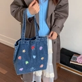 Deep blue washed denim tote bag featuring colorful sea creature embroidery for daily commute - Denim Blue - Jellyfish & Shell Embroidery