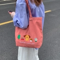 Coral pink denim tote bag with colorful nature embroidery and cute puppy design - Coral Pink - Puppy & Tree Embroidery