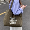 Brown leopard print canvas tote bag with letter print shown on model shoulder - Shoulder Bag / Grey Green Leopard
