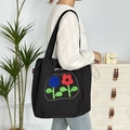 Black canvas tote bag featuring colorful flower embroidery and sturdy shoulder straps - Double Color Flower Double Layer Shoulder / Black