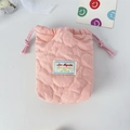 Close-up of pink quilted cloud drawstring bag with Love Mayrabbit woven label on white background - Quilted Flower Pink