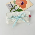 Close-up of cream quilted pencil case with bow embroidery and light blue ribbon detail - Solid Bow Decor Beige