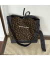 Borsa tote in tela leopardata e denim con ricamo Bonne journée per il lavoro - Stile Tracolla Patchwork Denim / Stampa leopardata marrone