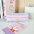 Close-up of pink and blue striped fabric pencil case with metal zipper and brand label - Pink Purple Stripes