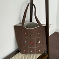 Brown corduroy tote bag with colorful button accents and embroidered grid pattern - Brown