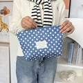Close-up of blue polka dot makeup bag with silver zipper and white fabric label - Light Blue Polka Dot