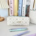 Detail of white canvas pencil case with green diamond pattern and May Rabbit woven label - White with Plaid Bow
