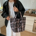 Pink and grey plaid nylon tote bag with wide straps for versatile daily commuting - Pink Plaid (beyoumerci Label)