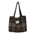 Borsa tote a scacchi marrone arancione e blu navy con manici a spalla in tessuto - Quadri Verde Marrone
