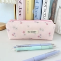 Close-up of pink corduroy floral pencil case with MAY RABBIT label and zipper - Pink Floral