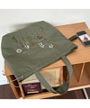 Dettaglio della borsa tote in tela verde oliva con ricami floreali e coulisse laterale - Verde Fagiolo