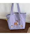 Détail du sac fourre-tout en toile violette avec broderie animaux et cordon de serrage - Sac Bandoulière Cordon Brodé : Cerf Sika (Violet)