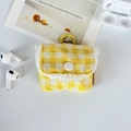 Detail of yellow gingham earphone case with white lace trim and metal hanging ring - Large Yellow Plaid
