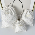 Detailed set of three checkered cotton storage bags with floral patterns and drawstring - Large / White with Plaid Bow