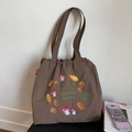 Sac fourre-tout rétro en nylon avec broderie champignon et cordon pour le quotidien - Marron