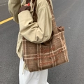 Brown plaid tote bag featuring vintage embroidery and large capacity wool fabric - Brown Plaid